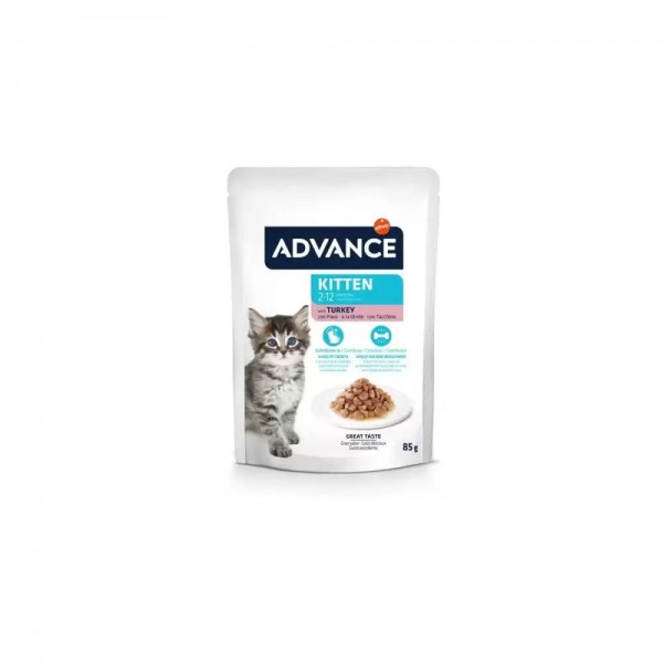 Set 12 plicuri, Hrana umeda pentru pisici, Advance Kitten Curcan, 85 gr.,  9+3 plicuri Gratis