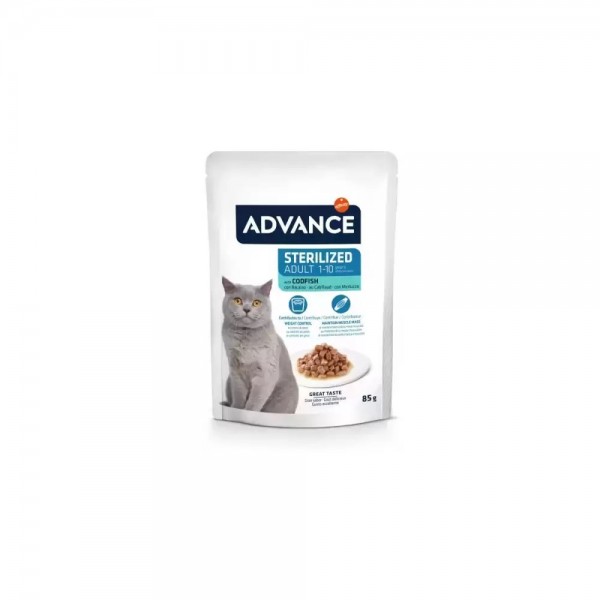 Set 12 plicuri, Hrana umeda pentru pisici, Advance Sterilized cu Cod, 85 gr., 9+3 plicuri gratis