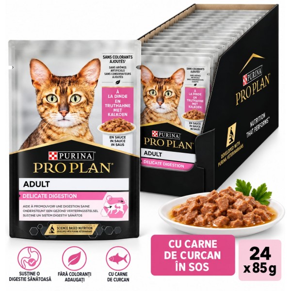 Set 26 buc x 85 gr, Hrana umeda pentru pisici, Pro Plan Delicate Nutrisavour cu Curcan in Sos