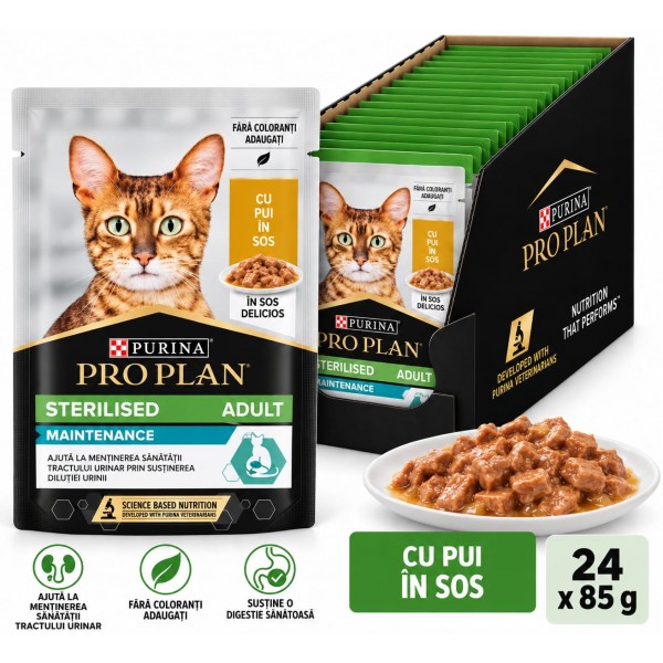 Hrana umeda pentru pisici Pro Plan Sterilised Nutrisavour, Pui in Sos, 26 x 85 gr