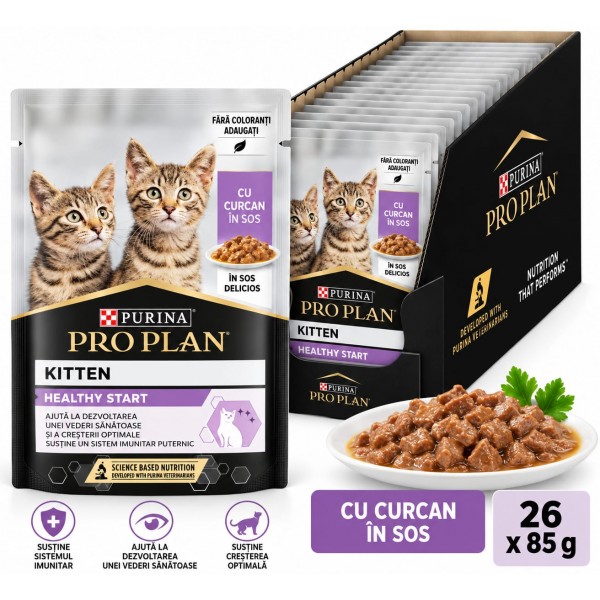 Hrana umeda pentru pisici, Pro Plan, Kitten, Curcan, 26 x 85g