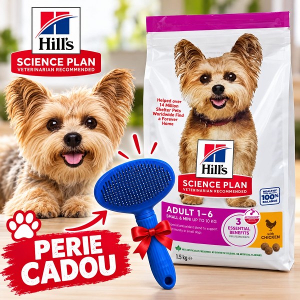 Hrana uscata pentru caini Hill's SP small & mini adult, cu pui, 1.5 kg + Perie Cadou