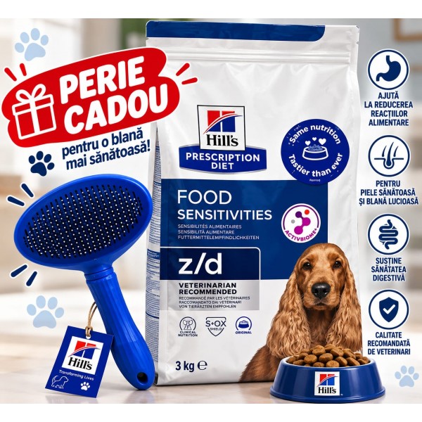 Hrana uscata pentru caini Hill's PD z/d food sensitivities, original, 3 kg + Perie Cadou