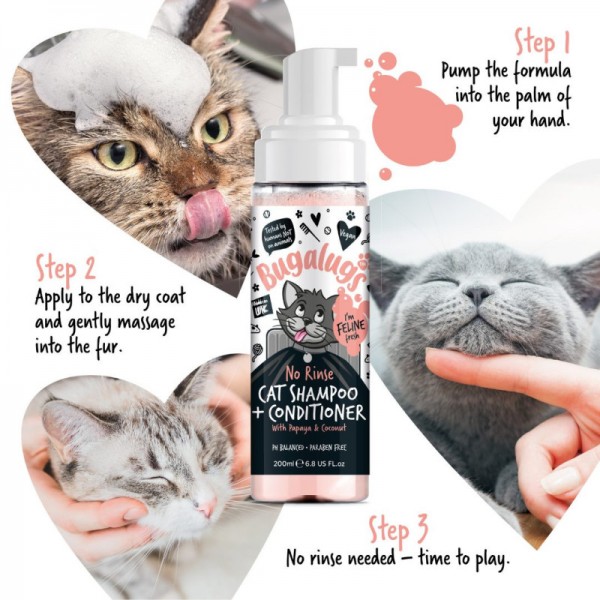 Sampon cu Balsam pentru pisici, Bugalugs Cat No Rinse, 200 ml